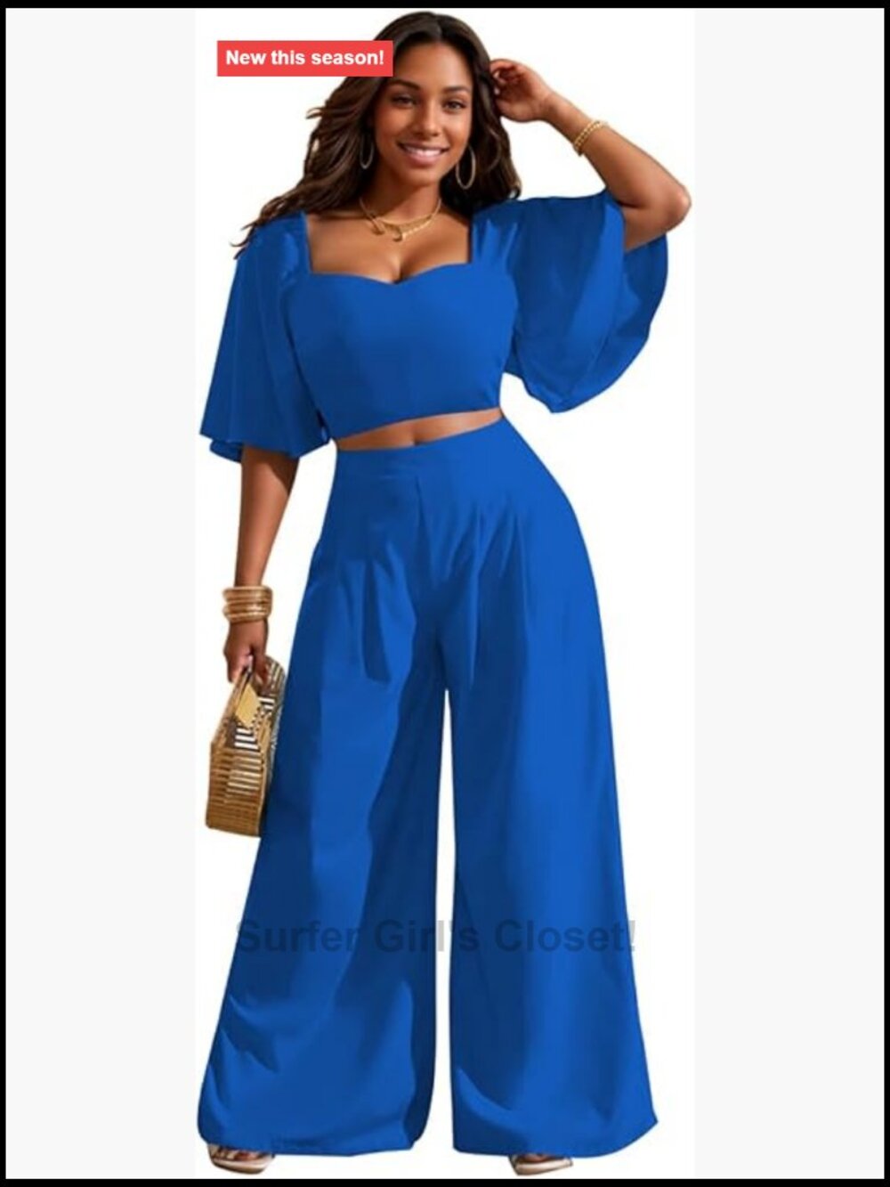 Polyester Spandex 2 Piece Outfit Crop Top Wide Leg Pant Set